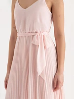 V-Neck Pleated Skirt Midi Dress