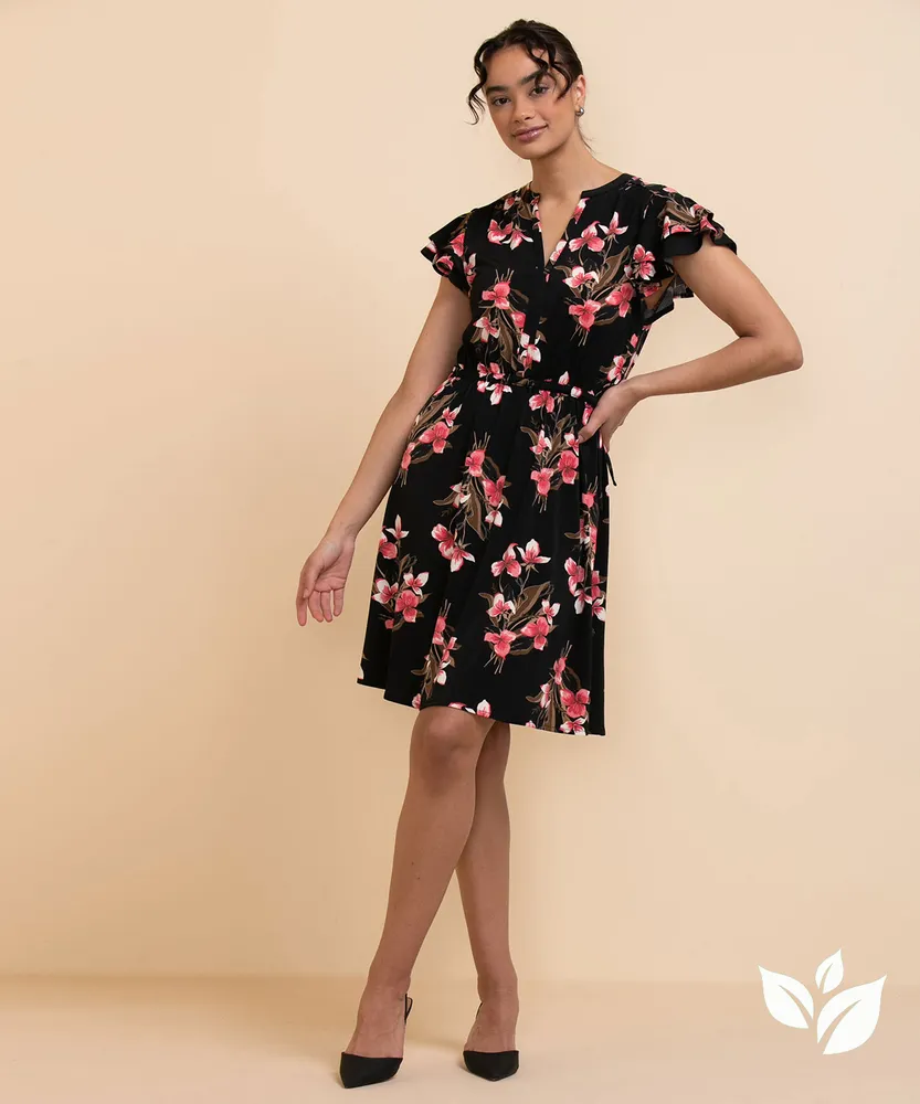 Flutter-Sleeve Dress with Tie-Waist