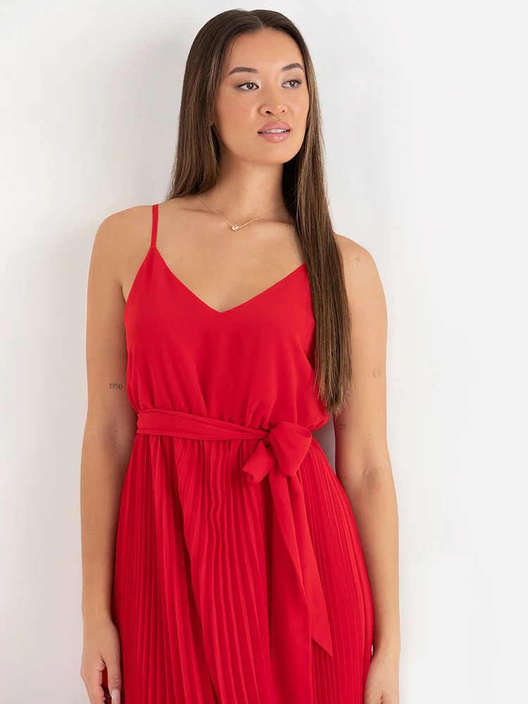 V-Neck Pleated Skirt Midi Dress