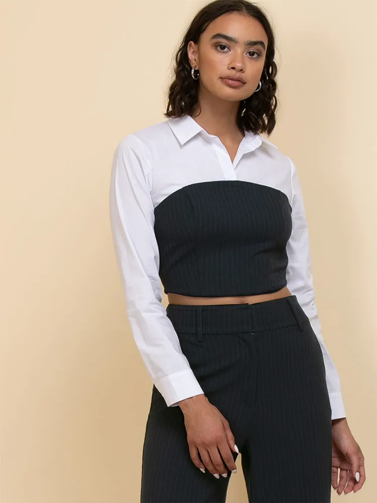 Long Sleeve Poplin Shirt with Pinstripe Corset