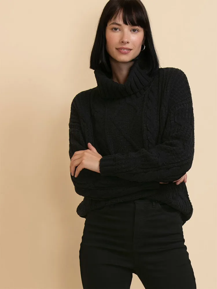 Cowl Neck Pullover Cable Knit Sweater