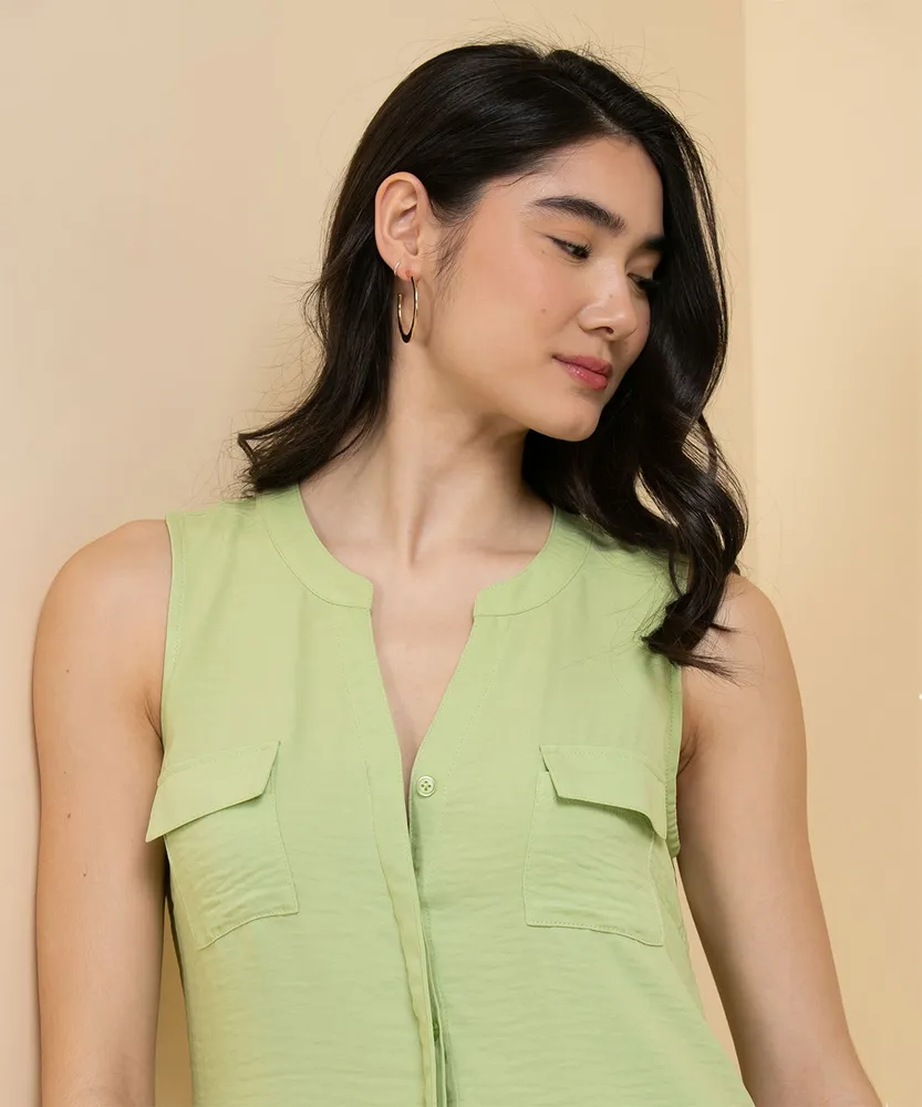 Sleeveless Henley Blouse with Pockets