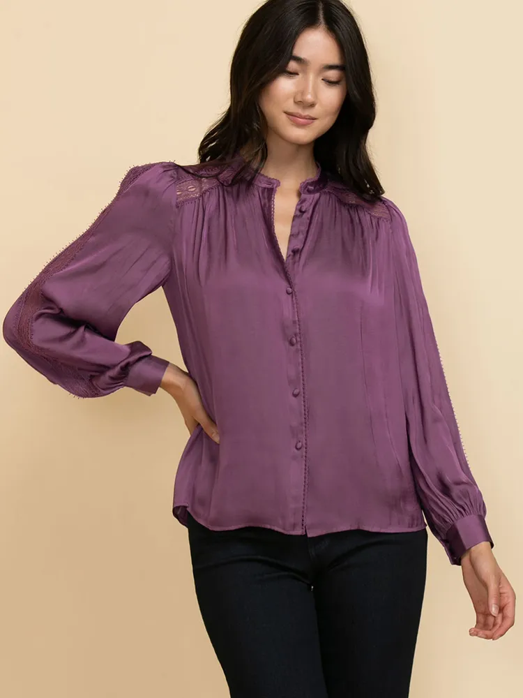 Satin Blouse with Sleeve Applique