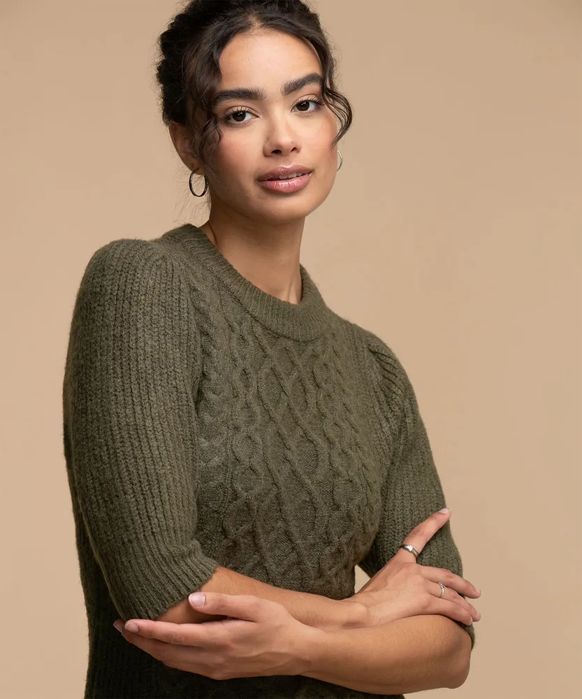 RD Style Cable Knit Puff Sleeve Sweater