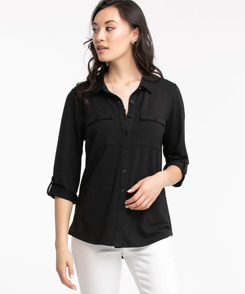 TORRID Studio Knit Shirred Front Button Down Shirt