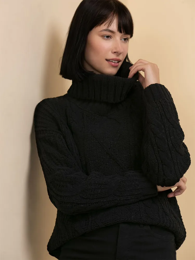 Cowl Neck Pullover Cable Knit Sweater