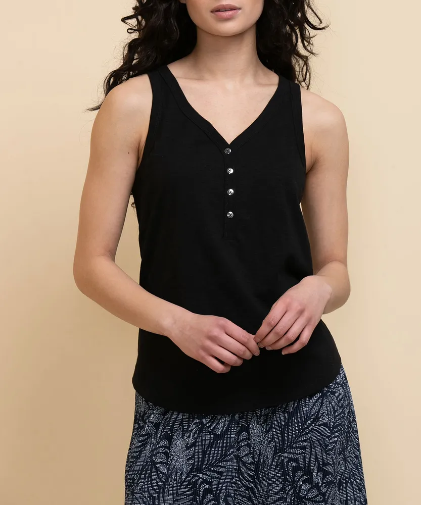 Sleeveless Henley Tee with Buttons