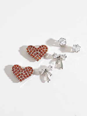 Rhinestone, Pave Heart + Bow Stud Earring Trio