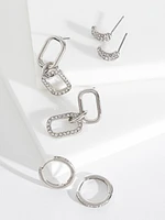 Silver Pave Paperclip + Hoop + Stud Earring Set