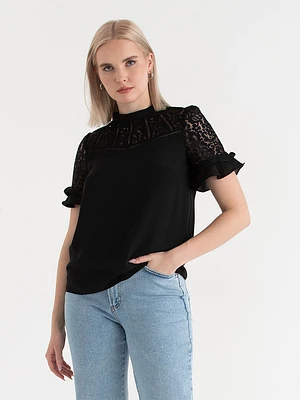 Short Sleeve Lace & Ruffle Blouse