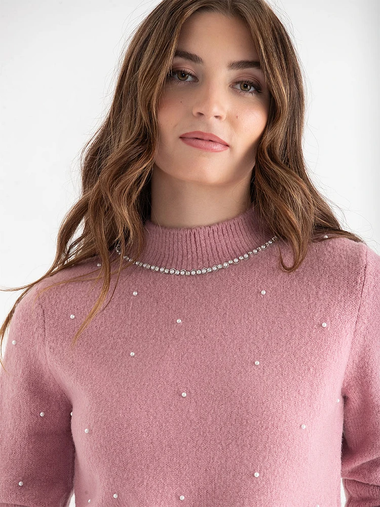 Mock Neck Pearl Pullover Sweater