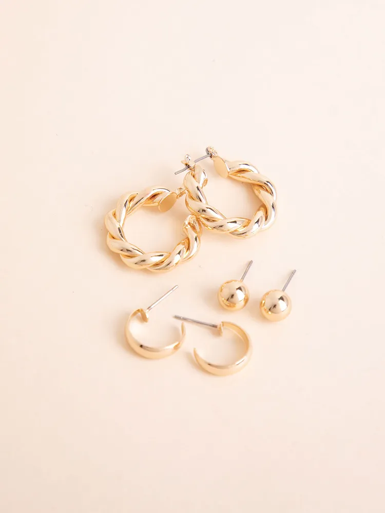 Gold Trio Pack Studs, Huggies, & Twisted Hoop Earrings