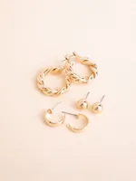 Gold Trio Pack Studs, Huggies, & Twisted Hoop Earrings