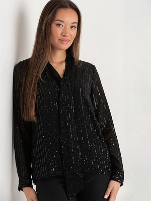 Pinstripe Sequin Blouse with Neck Tie