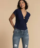 Short Sleeve V-Neck with Ring Front