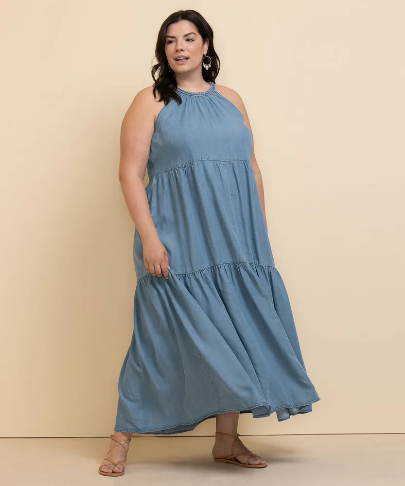 Chambray Braid Halter Maxi Dress