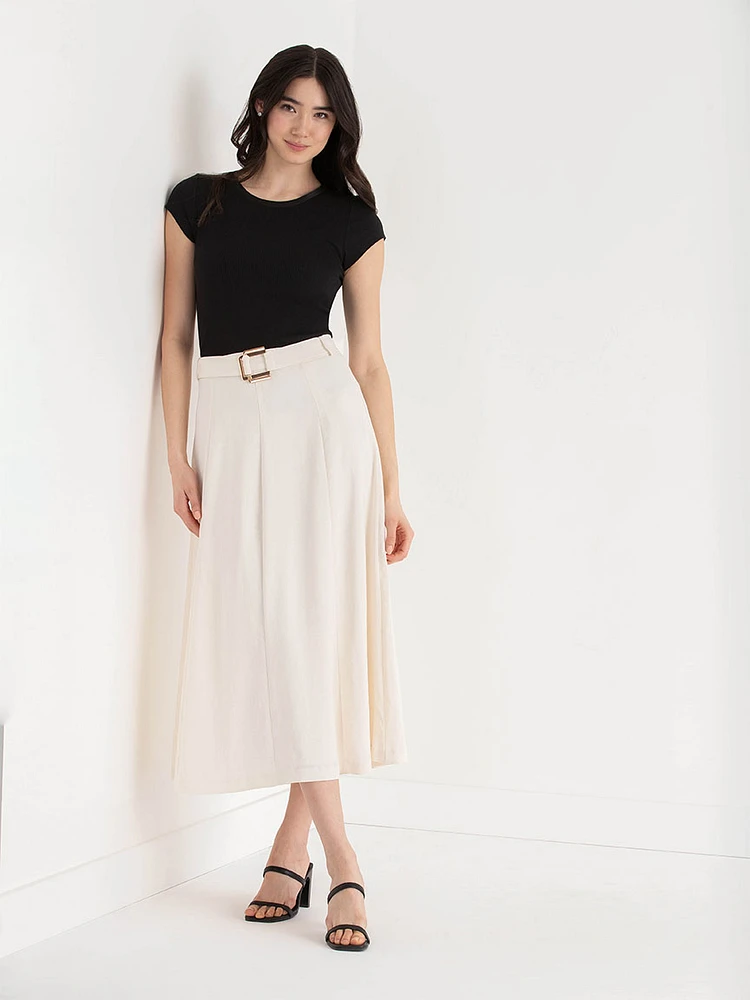 A-Line Textured Midi Skirt with Buckle