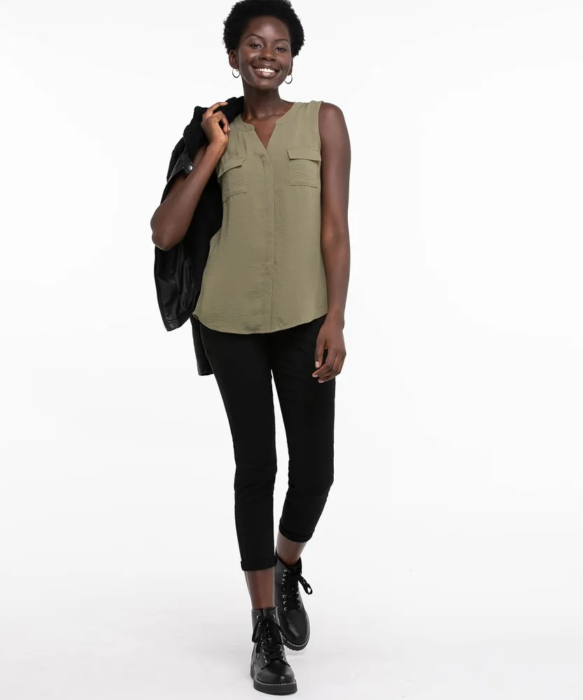 Sleeveless Placket Front Henley Blouse