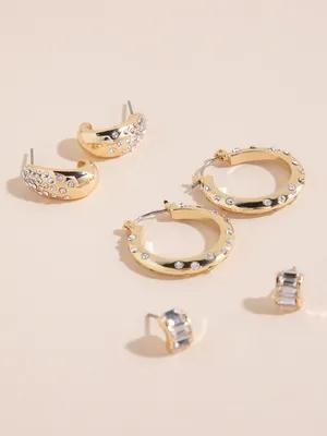 14K Gold Scattered Pave Hoops + Stud Earrings Set
