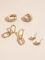 Gold Pave Paperclip + Hoop + Stud Earring Set