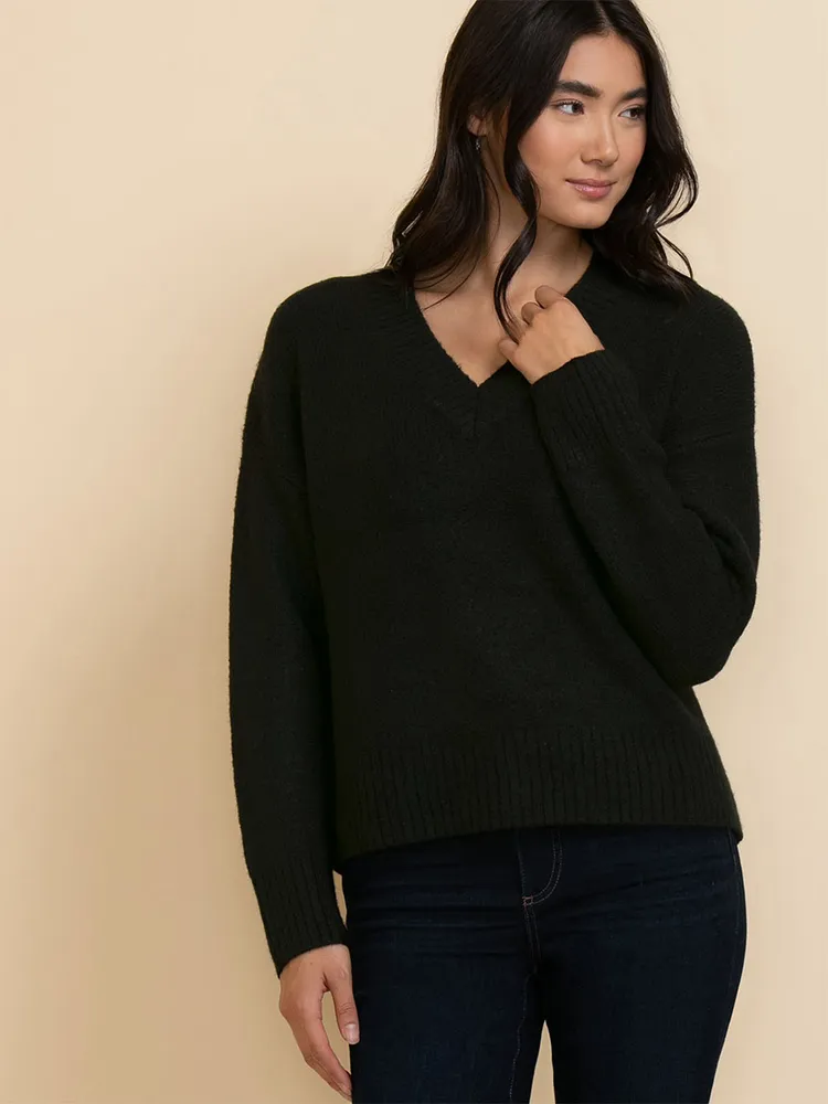 Relaxed Rib Trim V-Neck Sweater