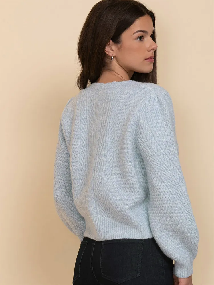 Wool-Blend Pointelle Puff-Sleeve Cardigan