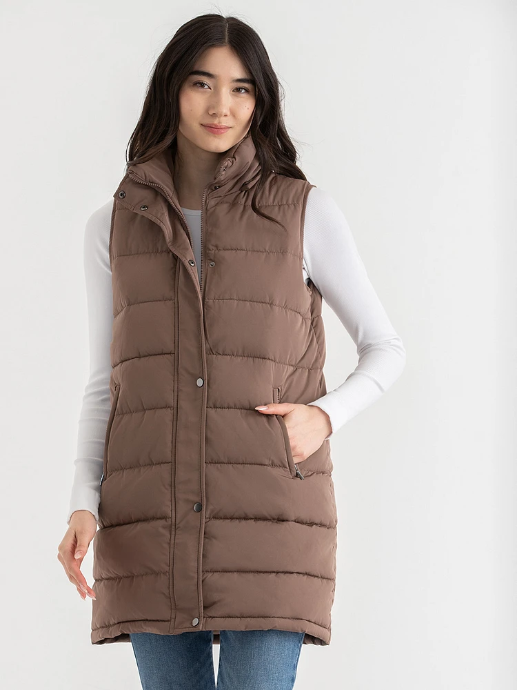 Carlyn Long Puffer Vest with Detachable Hood & Fur Trim