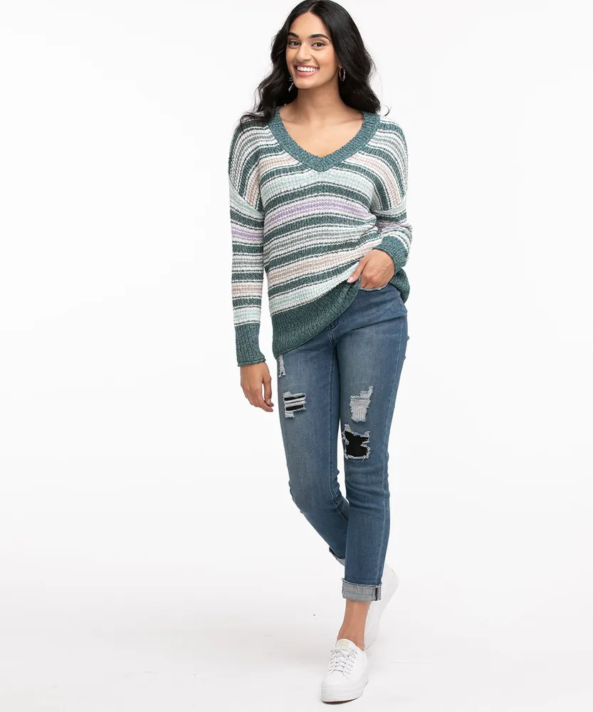 V-Neck Striped Knit Sweater