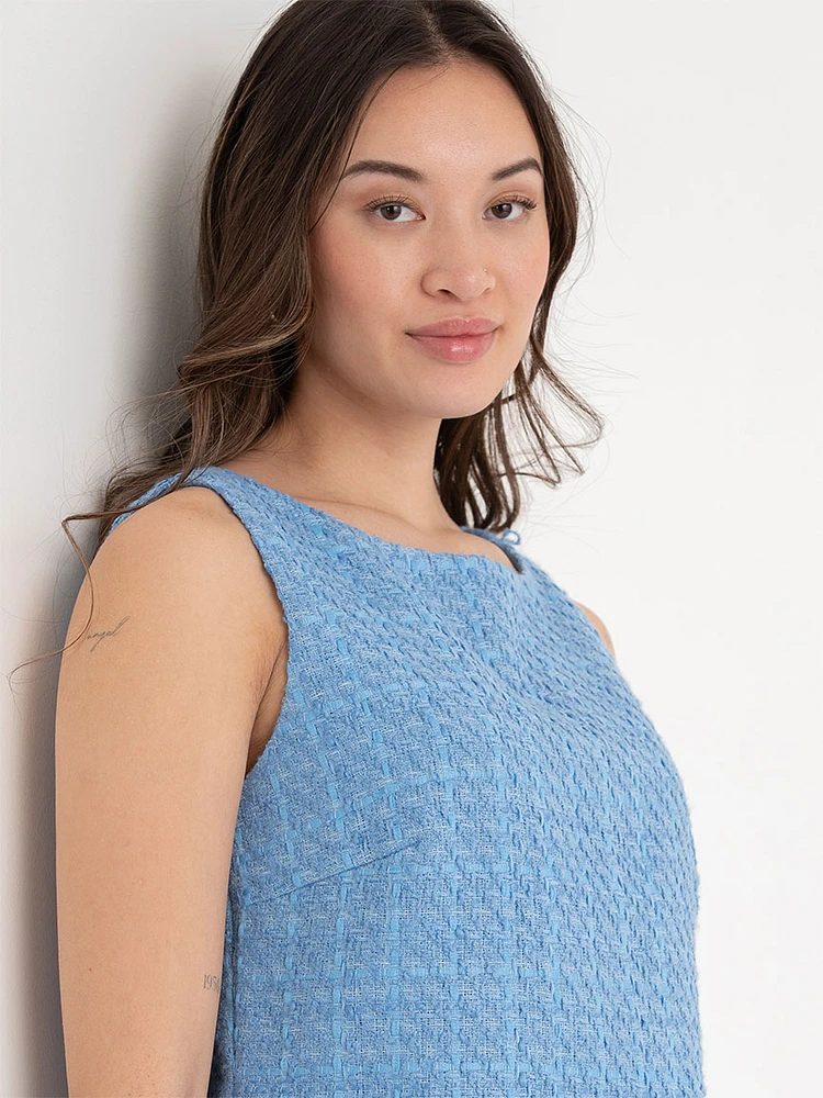 Sleeveless Boucle Top with Fringe Hem