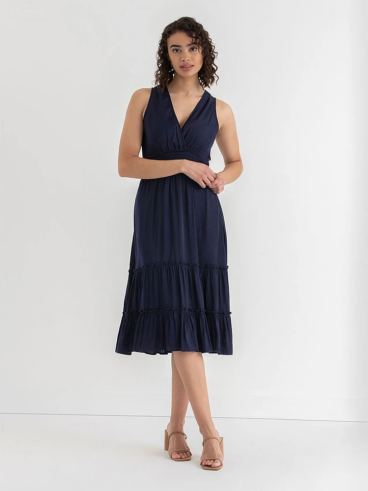 Sleeveless Ruffle Tiered Charmeuse Satin Midi Dress