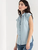 Relaxed Fit Button Up Denim Blouse