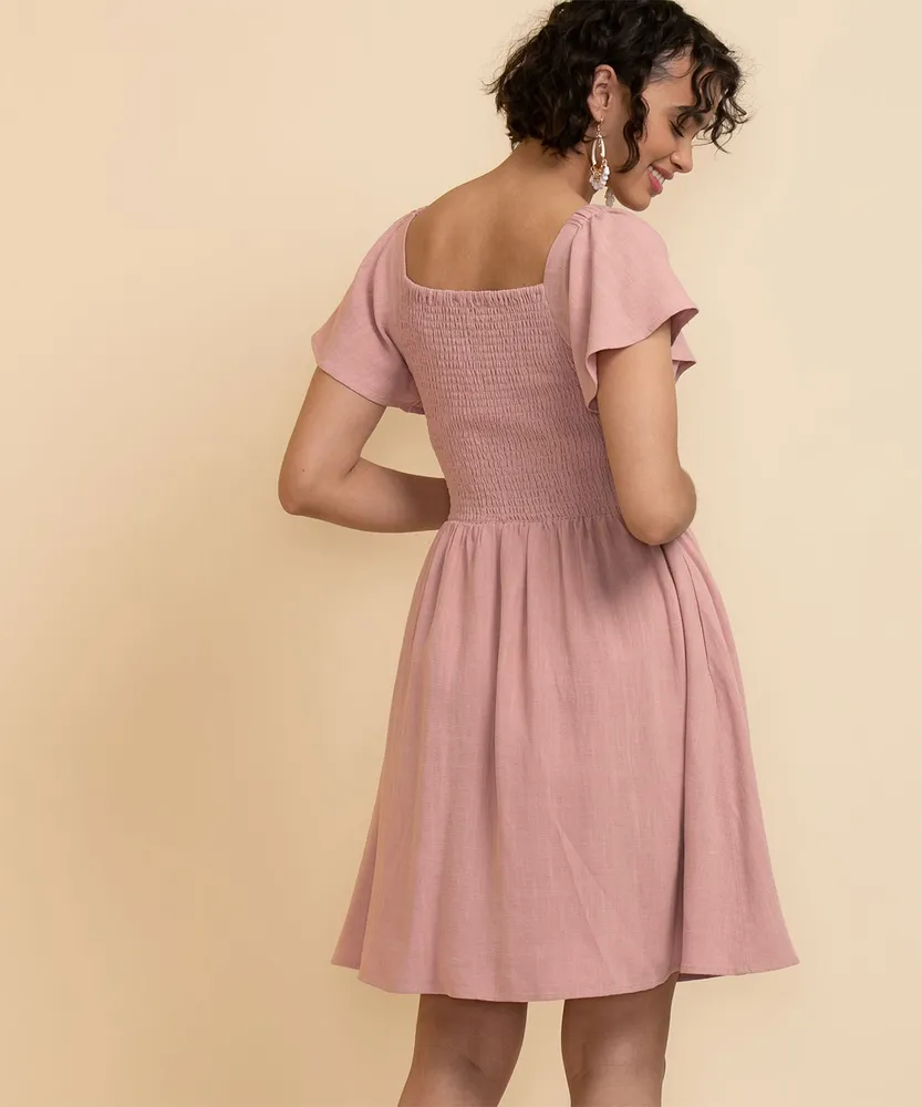 Square Neck Linen Smocked Bodice Dress