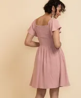 Square Neck Linen Smocked Bodice Dress