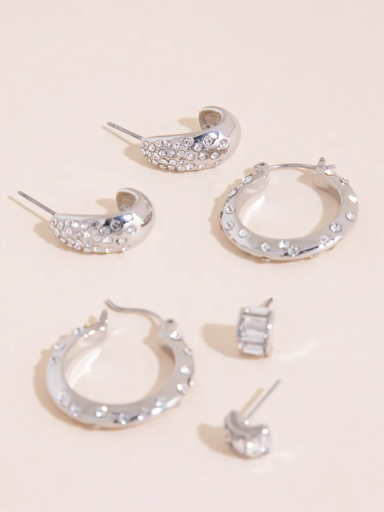 Silver Scattered Pave Hoops +Stud Earrings Set