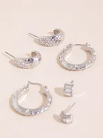 Silver Scattered Pave Hoops +Stud Earrings Set