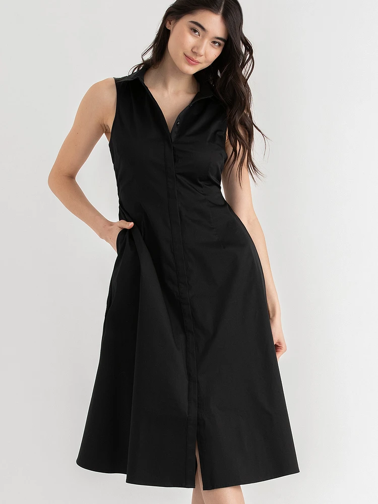 Sleeveless Midi Shirtdress with Back Cutout Luxe Poplin