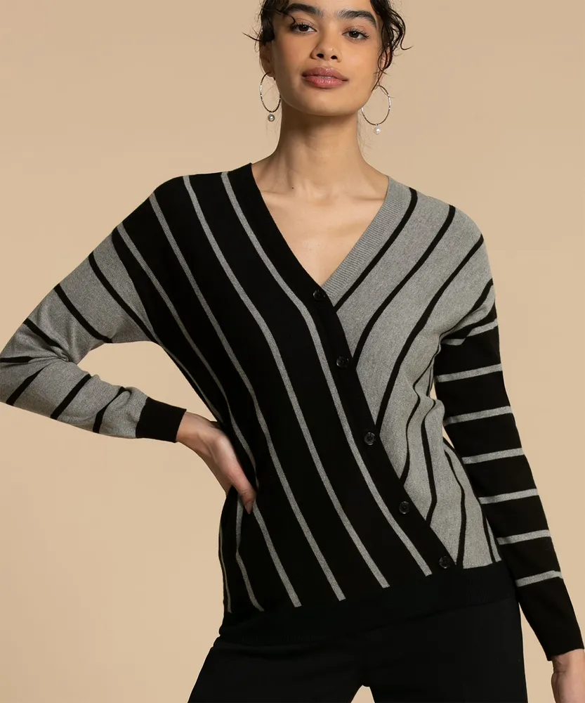 Button Cross-Over Striped Sweater