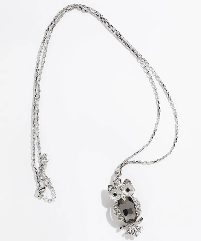 Long Silver Gemmed Owl Necklace