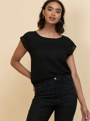 Short Sleeve Pleated Pintuck Scoop Neck Blouse