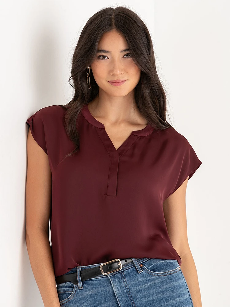 Linny Satin Extend Sleeve Henley Blouse