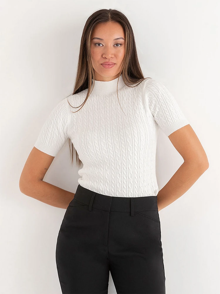 Mock Neck Elbow Sleeve Cable Sweater