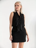 Sleeveless Pinstripe Sequins Blouse with Neck Tie