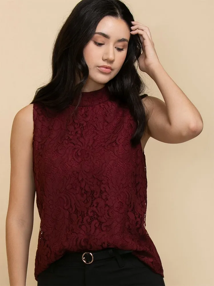 Sleeveless Lace Mockneck Blouse