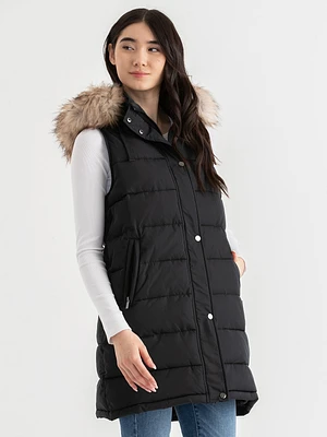 Carlyn Long Puffer Vest with Detachable Hood & Fur Trim