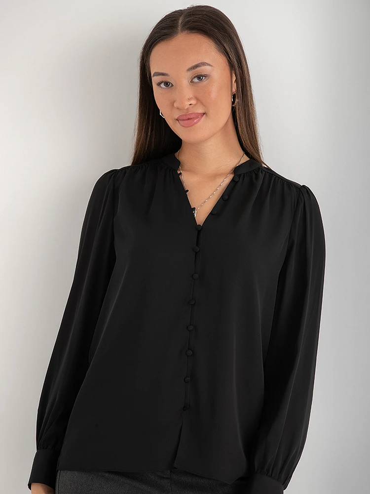 V-Neck Blouse with Covered Buttons