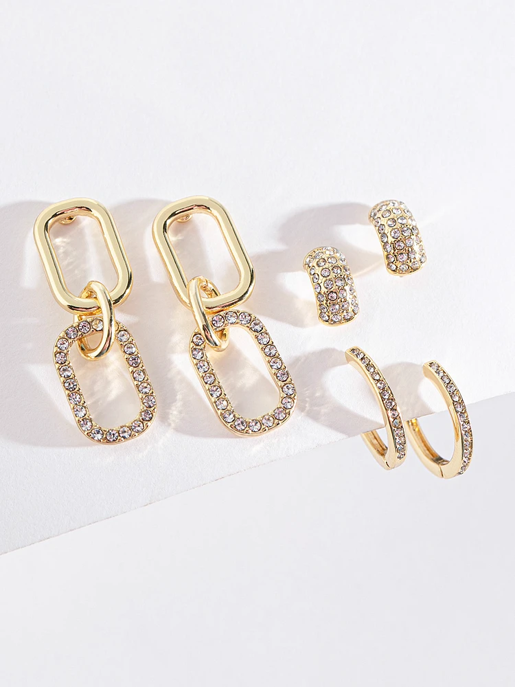 Gold Pave Paperclip + Hoop + Stud Earring Set