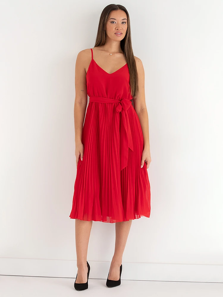 V-Neck Pleated Skirt Midi Dress