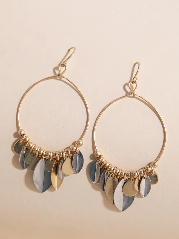 Drop Hoop Earrings with Metal Leaves