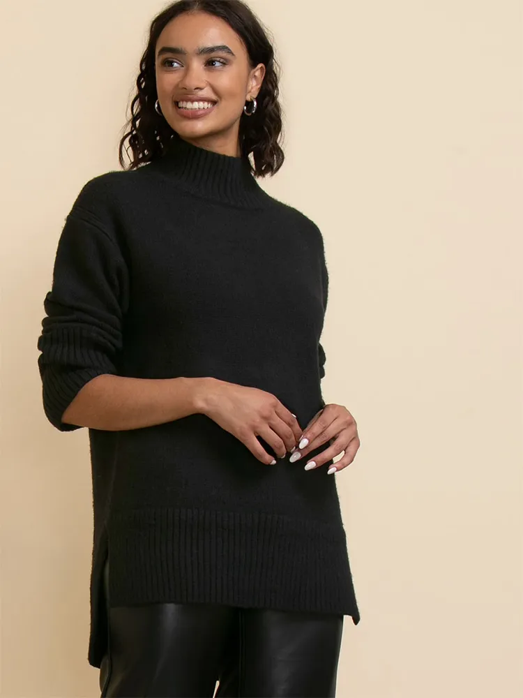 Wool-Blend Mock Neck Tunic Sweater