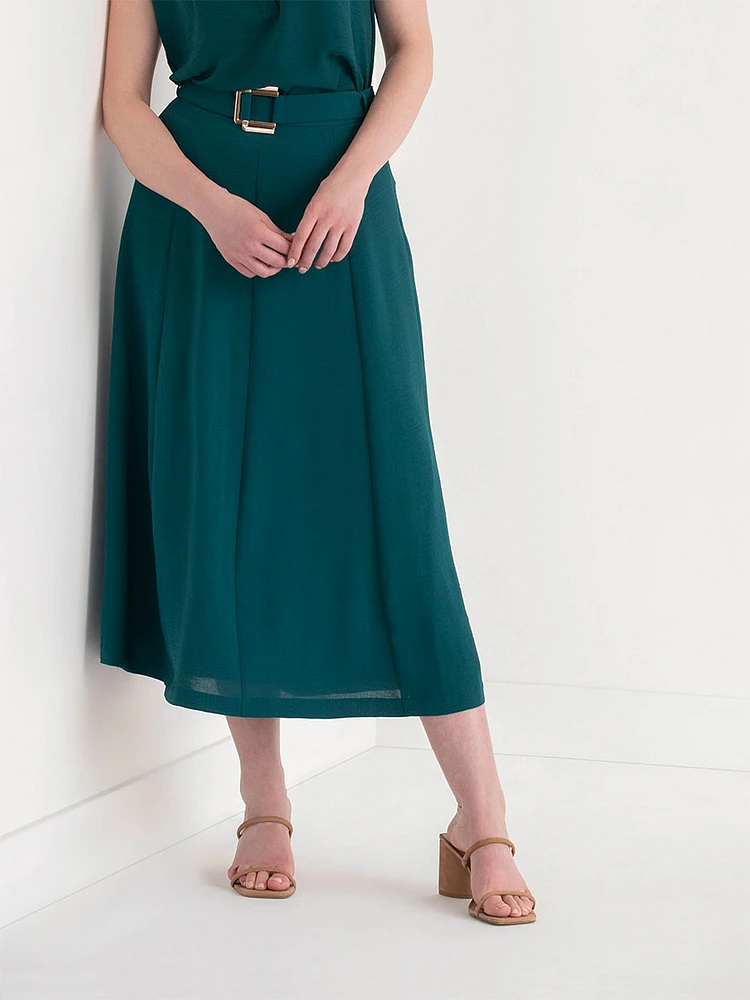 A-Line Textured Midi Skirt with Buckle